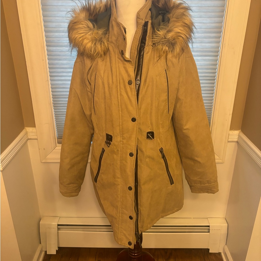 RAINFOREST Women's Tan Puffer Coat with Faux Fur Hood